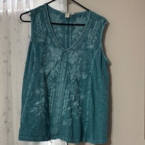 Coldwater Creek Teal Sleeveless Embroidered Blouse